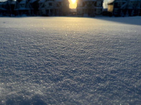 Fresh snow glistens in the golden light of sunset, with suburban houses silhouetted in the background. A serene winter scene capturing the beauty of light, texture, and shadow.の写真素材