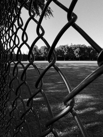 A shallow depth-of-field, monochrome image focusing on the abstract, intertwined pattern of a chain link fence, with a park field and trees softly blurred in the background.の写真素材