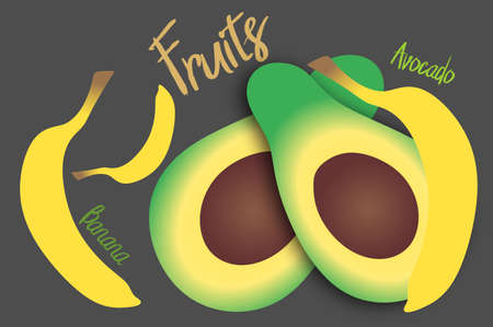Apples, Bananas, avocados, fruits. Ripe fruits, juicy fruits. Inscriptions fruit. The text is fruit. Juicy fruit illustrations.の写真素材
