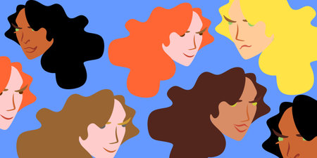 Women are feminists. Feminism. Self-love. Love for your body. We are all beautiful. Different beauty. Different skin and hair color. Light skin. Dark skin. Mulattoes. Blonds and redheads. Fair-hairedの写真素材