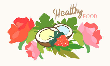Image of different fruits and berries, leaves and flowers. Banner and illustration with healthy food. Fructose and natural juice.の写真素材