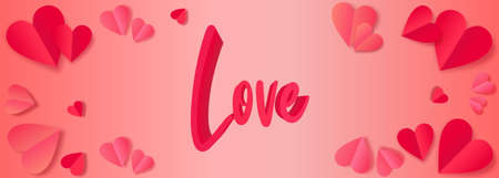 A banner for Valentine's Day with red and pink realistic 3d hearts. Text love, pink realistic...
