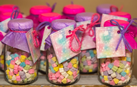 Set of Jar sturdy Clear sturdy Glass with colored small delicious heart candy with paper lid part of...