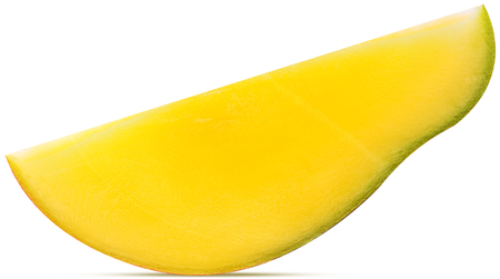 Mango slice exotic friut cut in half isolated on white background.の写真素材