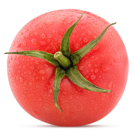 Fresh red tomato with green leaves with water drops isolated on white background Clipping Pathの写真素材