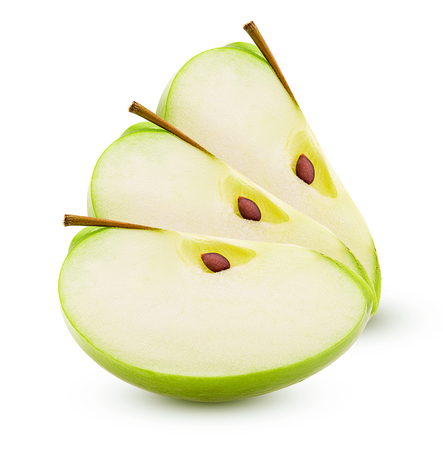 Three green apple slice isolated on white background Clipping Path. Full depth of field.の写真素材