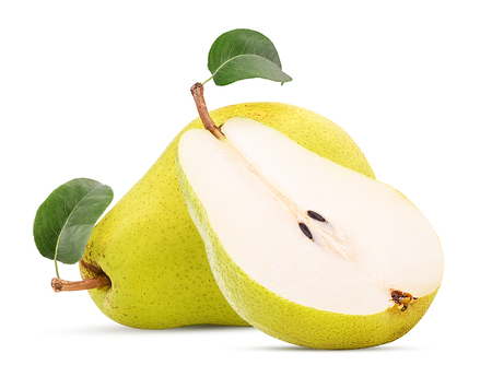 Fresh pears, one and a half yellow fruit with leaf isolated on white background. Full depth of field.の写真素材