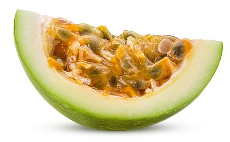 Green passionfruit quarter isolated isolated on white background.  Full depth of field.の写真素材