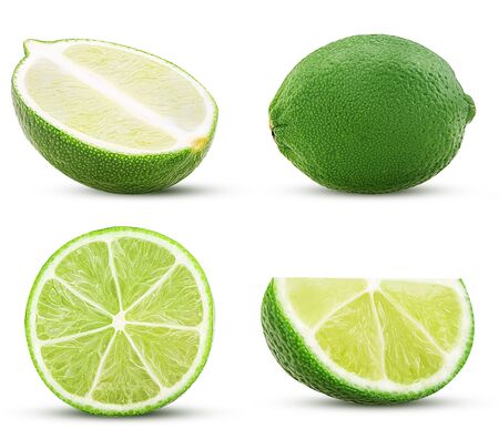 Collection fresh lime, whole, cut in half, slice isolated on white background   Full depth of field.の写真素材