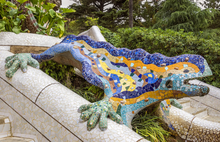 BARCELONA, SPAIN - JULY 3, 2016: Lizard of Gaudi mosaic in park Guell in Barcelona. Park Guell (1914) is the famous architectural town art designed by Antoni Gaudi.のeditorial素材