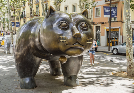 Barcelona, Spain - July 4, 2016: Sculpture El Gato de Botero of cat in the El Raval district of Barcelonaのeditorial素材