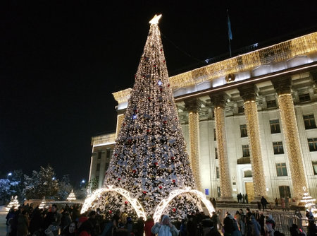 Almaty, Kazakhstan - January 1, 2023: Main Christmas tree on Republic Square in Almaty city, Kazakhstanのeditorial素材