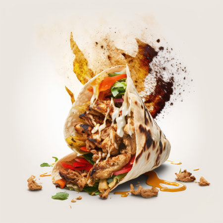 Greek gyros stuffed with chicken, salad, onion, tomato and potato. Shawarma wrap with chicken, fries, bell pepper and pickles, generative ai illustration.の素材