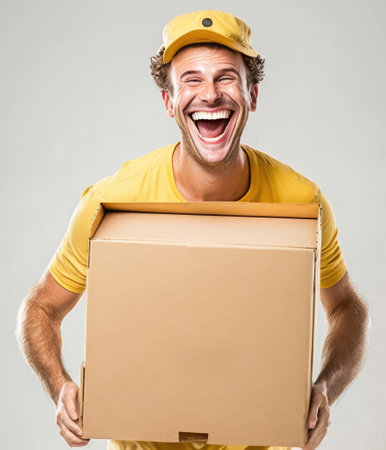Cheerful delivery man. Happy courier holding a cardboard box and smilingの素材