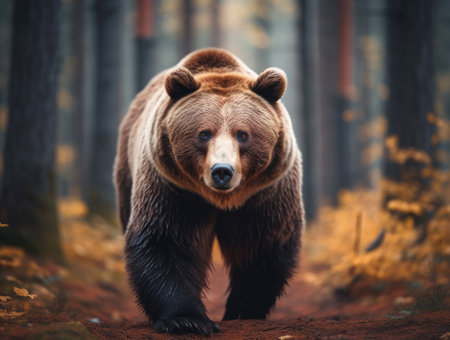 Brown bear walking slowly through the forest.の素材