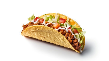 Mexican tacos with beef in tomato sauce and salsa isolated on a white backgroundの素材