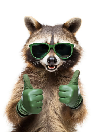 Funny raccoon in sunglasses showing a rock gestureの素材