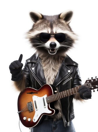 Funny raccoon in sunglasses showing a rock gestureの素材