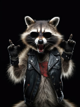 Funny raccoon in sunglasses showing a rock gestureの素材