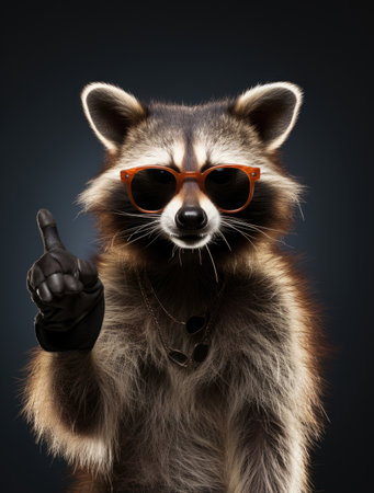 Funny raccoon in sunglasses showing a rock gestureの素材
