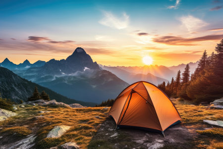 Tourist tent in the mountains at dawn in the summerの素材