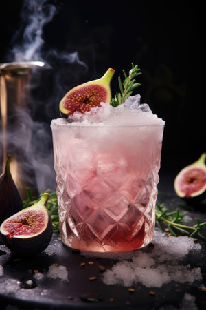 Pink cocktail with fig, thyme and ice in glassの素材