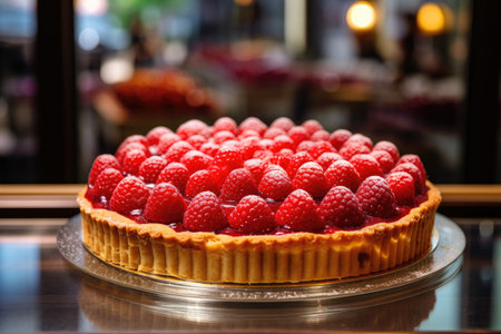 A raspberry pie on display in a Parisian patisserieの素材