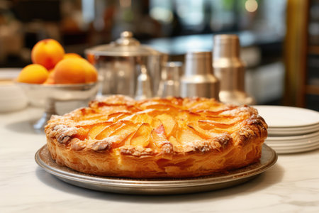 Peach pie on display in a Parisian patisserieの素材