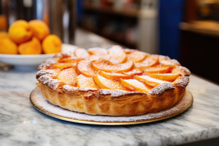 Peach pie on display in a Parisian patisserieの素材