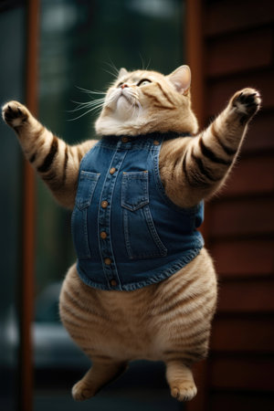 A very fat cute cat in a sweater stands on its hind legsの素材
