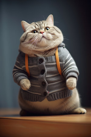 A very fat cute cat in a sweater stands on its hind legsの素材