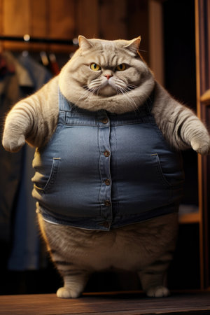 A very fat cute cat in a sweater stands on its hind legsの素材