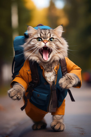 Funny smiling cat with a backpack going to schoolの素材