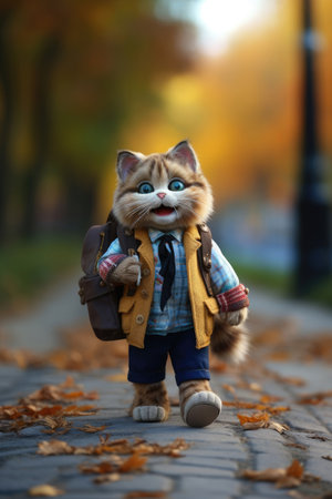 Funny smiling cat with a backpack going to schoolの素材