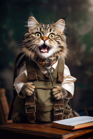 Funny smiling cat with a backpack going to schoolの素材