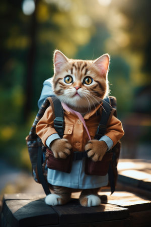 Funny smiling cat with a backpack going to schoolの素材