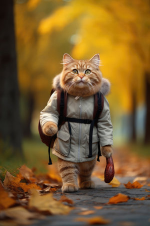Funny smiling cat with a backpack going to schoolの素材