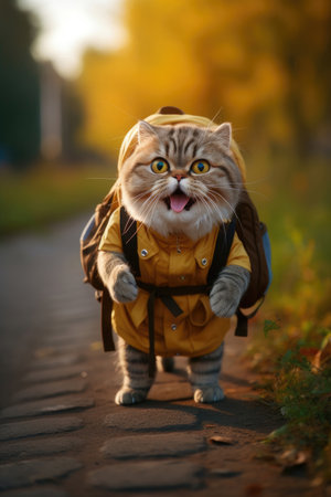 Funny smiling cat with a backpack going to schoolの素材