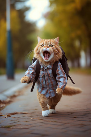 Funny smiling cat with a backpack going to schoolの素材