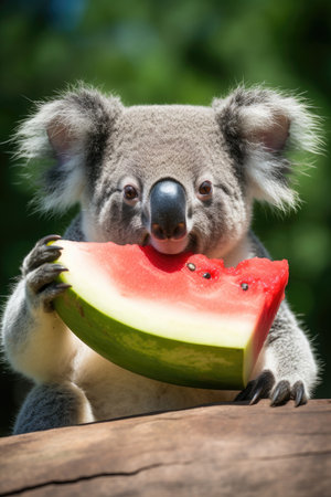 Funny koala holding a slice of watermelonの素材