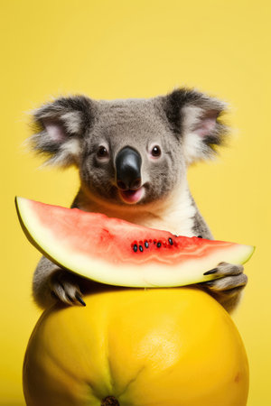 Funny koala holding a slice of watermelonの素材