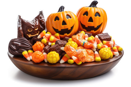 Eco-friendly Halloween pumpkins and candy in a wooden plate isolated on a white backgroundの素材