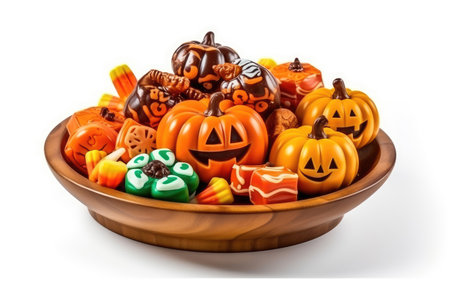 Eco-friendly Halloween pumpkins and candy in a wooden plate isolated on a white backgroundの素材
