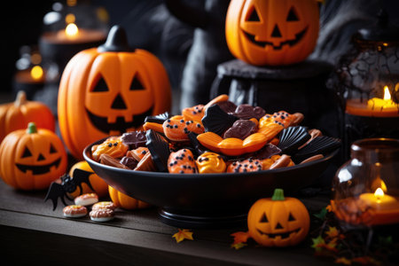 Eco-friendly Halloween pumpkins and candy in a wooden plate on the tableの素材