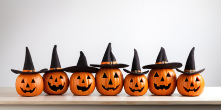 Assortment of Halloween pumpkins with hatの素材