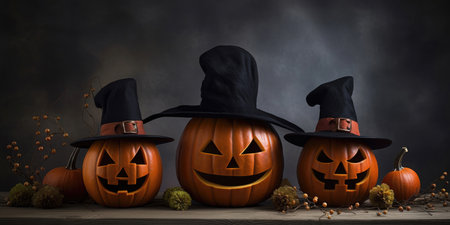 Assortment of Halloween pumpkins with hatの素材