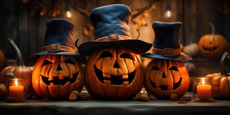 Assortment of Halloween pumpkins with hatの素材