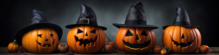 Assortment of Halloween pumpkins with hatの素材