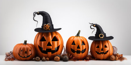 Assortment of Halloween pumpkins with hatの素材