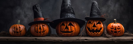 Assortment of Halloween pumpkins with hatの素材